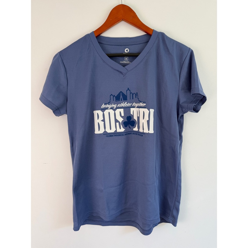 Boston Triathlon Performance Shirt Women Blue V-Neck Graphic L